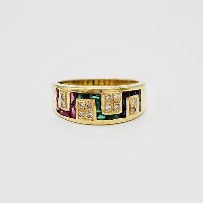 18k Yellow Gold Diamond Multi-color Stones Modern Geometric Ring Size  7.25 • $499