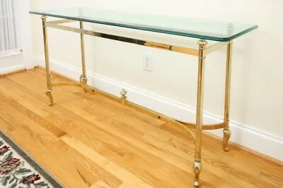 Labarge Hollywood Regency Brass And Glass Hooved Feet Console Table Circa 1960s • $900