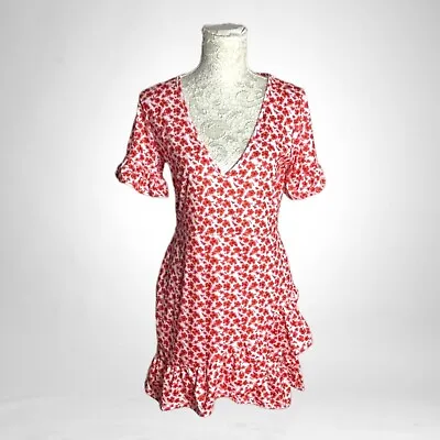 Mini Dress Poppy Print Frilled Hem Low Cut Stretch Material Women's UK Size 10 • £12.95