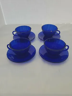 Duralex Vereco Colbalt Blue Cups And Saucers Swirl Design - Set Of 4 • $21.24