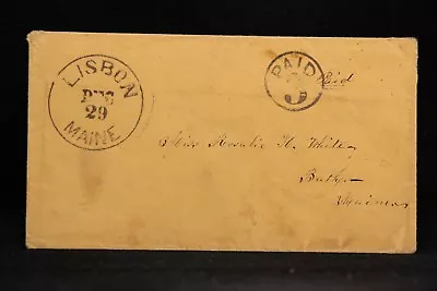 Maine: Lisbon 1850s Stampless Cover Black CDS Circled PAID 3 Lincoln/And Co • $20