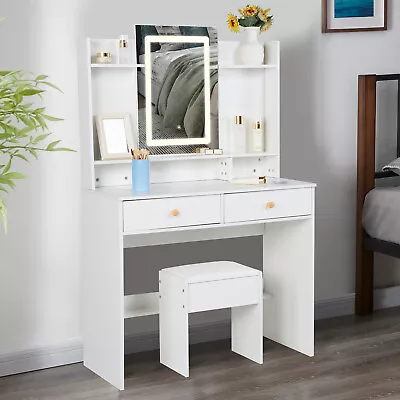 Modern Makeup Vanity Dressing Table With LED Lights Mirror 2 Drawer Desk White • $166.85