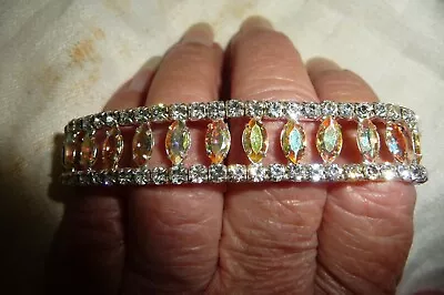 #17/6A Vtg  STRETCH     BRACELET  5/8 W  W YELLOW AB & CLEAR RHINESTONES • $4.99