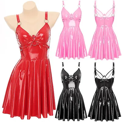 Womens Slip Dresses Backless Dress Holiday Mini Wet Look Clubwear V Neck Short • $7.43