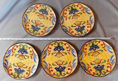 Maxcera Dinner Salad Plates Set Of 5 Blue Rim Yellow Talavera Hand Painted China • $49