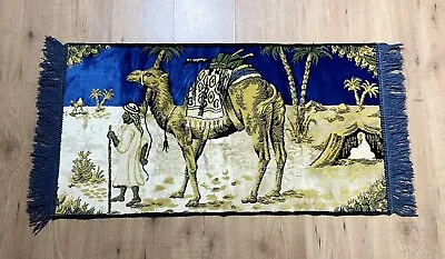 Vintage  Middle Eastern Camel Desert Blue Tapestry Rug Wall Hanging 39” X 20.5” • $44.99