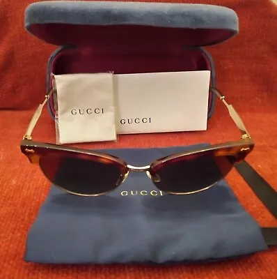 Gucci Ladies Cat Eye Gold & Brown Gg0055s Sunglasses 55-18-140 • £115