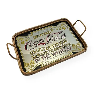 Vintage Coca Cola Wooden Bamboo Serving Tray Mirror Wicker Rattan Tiki Bar • $23