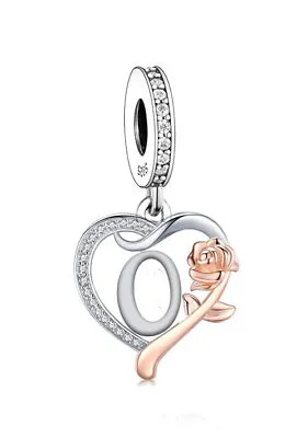 Letter O Name Initial Heart & Rose Dangle Charm 💜 Genuine 925 Sterling Silver • £17