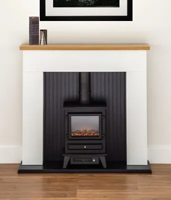 Electric Fire Stove White Oak Black Modern Fireplace Logs Surround Suite Bnib • £547.90