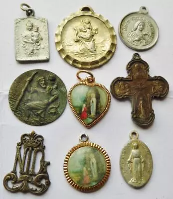 Lot X 9 Antique Holy Medals Miraculous Scapular St. Christopher Crucifix Virgin • $4.25