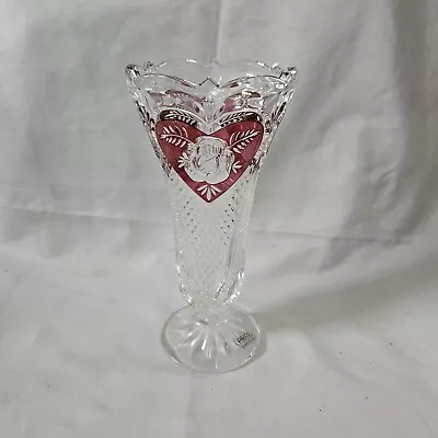 Enesco Lead Crystal  Vase Ruby  Flashed  Hearts  Roses 7.5 • $18