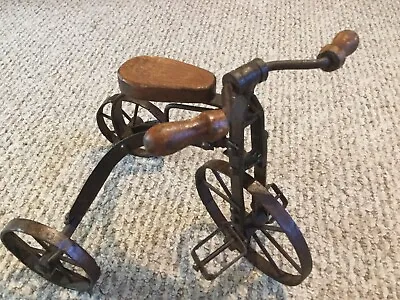 Vintage Hand Crafted Metal Wrought Iron Wood Tricycle Miniature Toy Doll Decor • $25