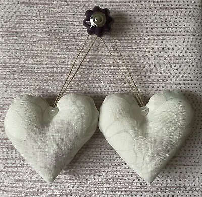 Pair Of Heart Hangers In Laura Ashley Nina Eau De Nil Fabric  ~ 5  ~ Handmade • £4.95