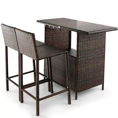 3 PCS Cozy Wicker Outdoor Bar Set Rattan 2 Chairs & Table W/3 Storage Rows Racks • $207.98