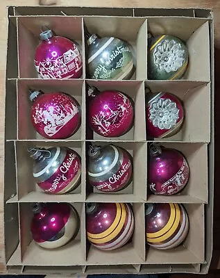 Vintage Shiny Lustre-Brite Christmas Ornaments W/ Box Stencil Indent Mercury • $69.95