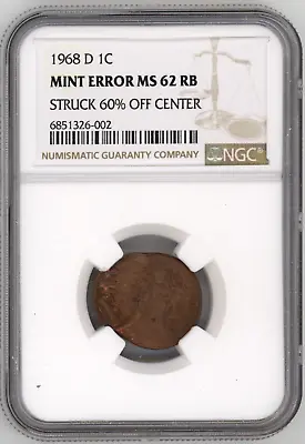 1968-d Ngc Ms-62 Rb Mint Error Struck 60% Off-center Lincoln Memorial Penny • $69.95