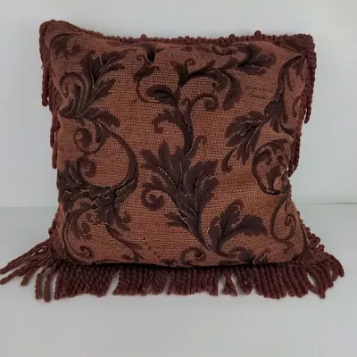 Vintage Throw Pillow Fringe Brocade Tapestry Burgundy Red Square 14  • $48.99