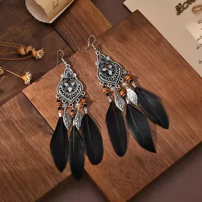 Fashion Women Bohemian Earrings Vintage Glazed Heart Feather Beads Tassel 1489 • $5.99
