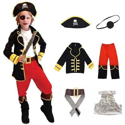 Kids Boys Jack Sparrow Cosplay Costume Caribbean Pirate Fancy Dress Outfit Set • £16.38