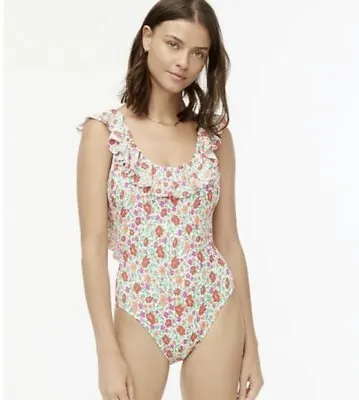 J Crew Ruffle Scoop Neck Swimsuit 10 Pink Floral Bathing Suit One Piece • $29
