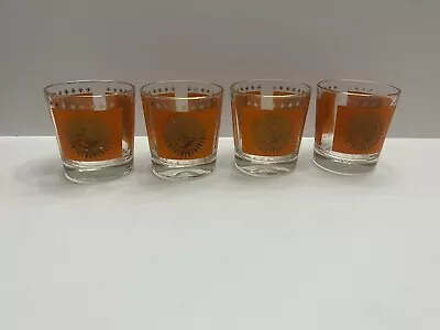 Jeanette Glass Aztec Sun Orange Good Rim Drinking Glass. 3.5x3”. Set Of 4. • $24.50