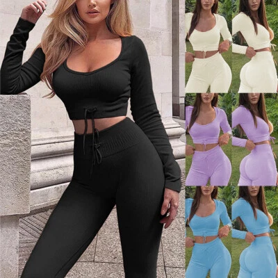 $23.99 • Buy 2Pcs Women Workout Yoga Sets Crop Top+Pants Leggings Gym Fitness Sports Outfits