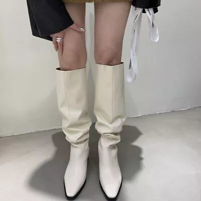 2023 Vintage Women's Knee High Boots Pile Up Leather Pointy Toe Long High Boots • $71.02