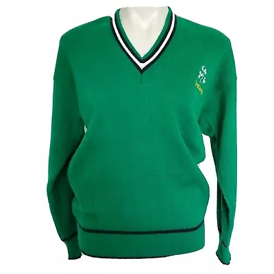 Traditional Ireland Sweater Green V Neck Navy White Trim Clovers Med • $34.92