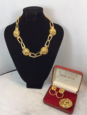 VTG ANNE KLEIN Gold Tone Lion Necklace Earrings Pin Brooch Set Couture Rare • $295