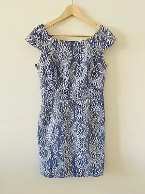 Review Lace Dress Size 10 Blue White Overlay Cap Sleeve Scoop Back Knee Length • $35