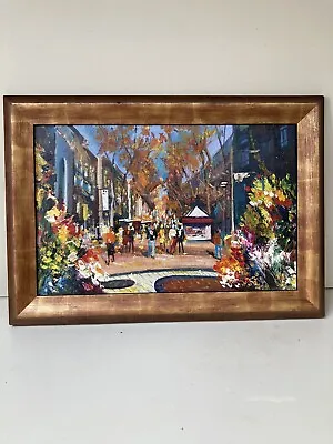 $19 • Buy Vintage Oil Painting On Board With European Street Scene Colorful 14” X 10”