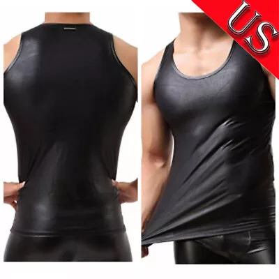 US Men's Wetlook Leather Gym Tank Tops Bodybuilding Workout Sleeveless Shirts • $12.10