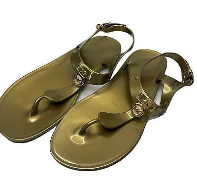 Michael Kors Jelly Sandals Lock Charm Metallic Gold Flat Shoes Women Sz 8 RI15J • $34.99