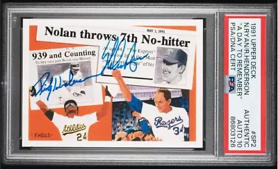 1991 Upper Deck NOLAN RYAN RICKEY HENDERSON Signed Baseball Card PSA/DNA Auto 10 • $388