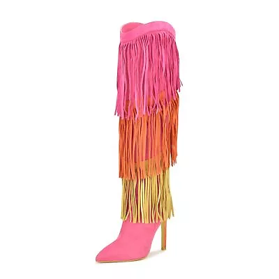 $149.50 • Buy Nine West Tasels Pink Multi Pointy Toe Stiletto Heel Fringe Trim Knee High Boots