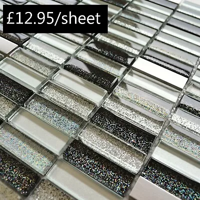 £1.50 • Buy CUT SAMPLE Palatino Bars Black White Glitter Sparkly Glass Tile Mosaic / Border