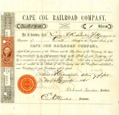 Cape Cod Railroad Co. Signed By Richard Borden - Stock Certificate - Autographed • $200