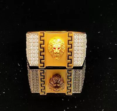 Vintage 22 K Yellow Gold Cz Diamond Lion Head Enamel Signet Men's Ring • $1490