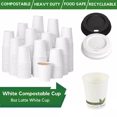 Compostable Coffee Cups & Lids 100% Biodegradable Disposable White Paper Cups • £72.99