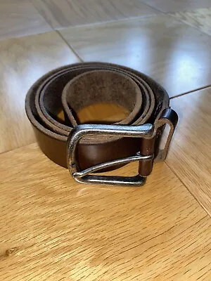 J Crew Brown Leather Belt Size Medium Solid Brass Silver Tone Buckle Made In USA • $29.99