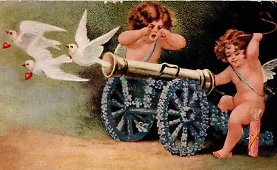 Valentine's Day Children Angels Cannon Doves Heart Tags Vintage C1908 Postcard • $3.99