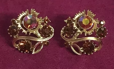 Vintage Lisner  Screw-back Earrings Purple AB Multicolored Rhinestones Signed • $10