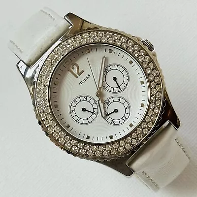 Guess Multifunction Women's Day/Date Silver Watch White Leather Crystals G10615L • $21.95
