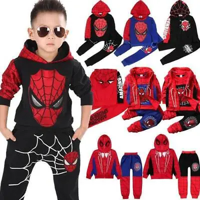 Kids Boys Spider-man Clothes Tracksuit Hoodies Top Coat Pants Set Joggers Outfit • £7.79