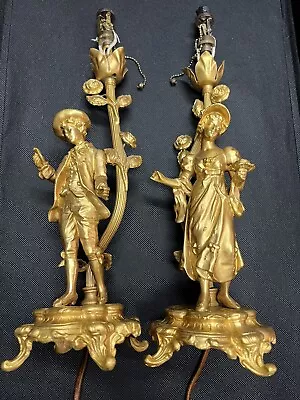 Vintage GILDED GOLD French Pair Figurine/ Figural  Lamps Pair • $150
