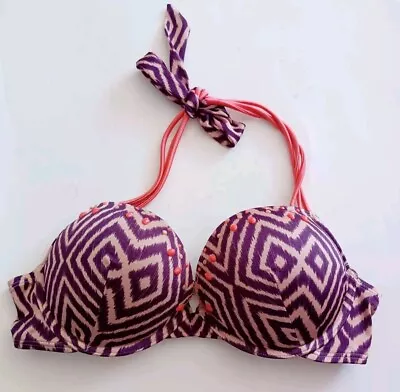 Victoria's Secret Bombshell Bikini Top 34C 2 Cup Push Up Purple Orange Geo Print • $17.49