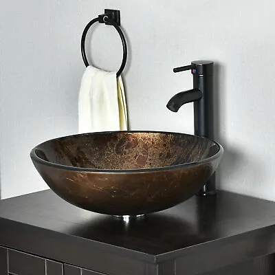 Bathroom Vessel Sink Tempered Glass Basin Vanity Bowl Faucet Pop-up Drain Combo • $79.99