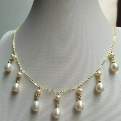 New Akoya Natural White Pearl Necklace 18  14k Yellow Gold Lady Necklace • $34.89