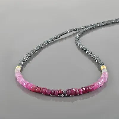 $77.77 • Buy Natural Shaded Ruby & Rough Black Diamond Beads Uncut Chain Handmade Necklace
